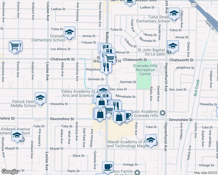 map of restaurants, bars, coffee shops, grocery stores, and more near 16959 San Jose Street in Los Angeles