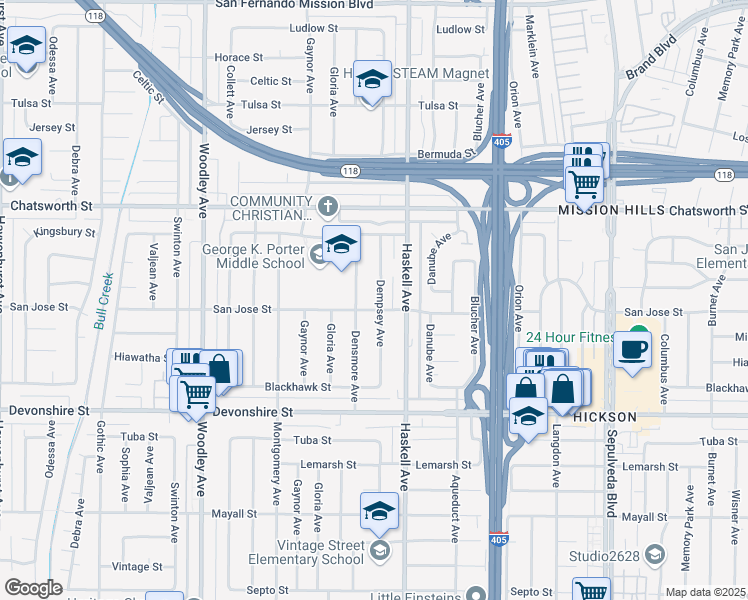 map of restaurants, bars, coffee shops, grocery stores, and more near 10509 Dempsey Avenue in Los Angeles