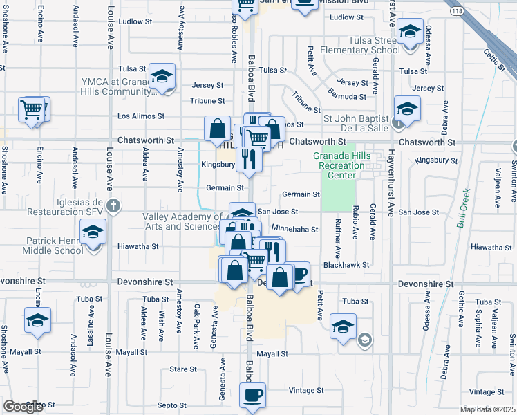 map of restaurants, bars, coffee shops, grocery stores, and more near 16959 San Jose Street in Los Angeles