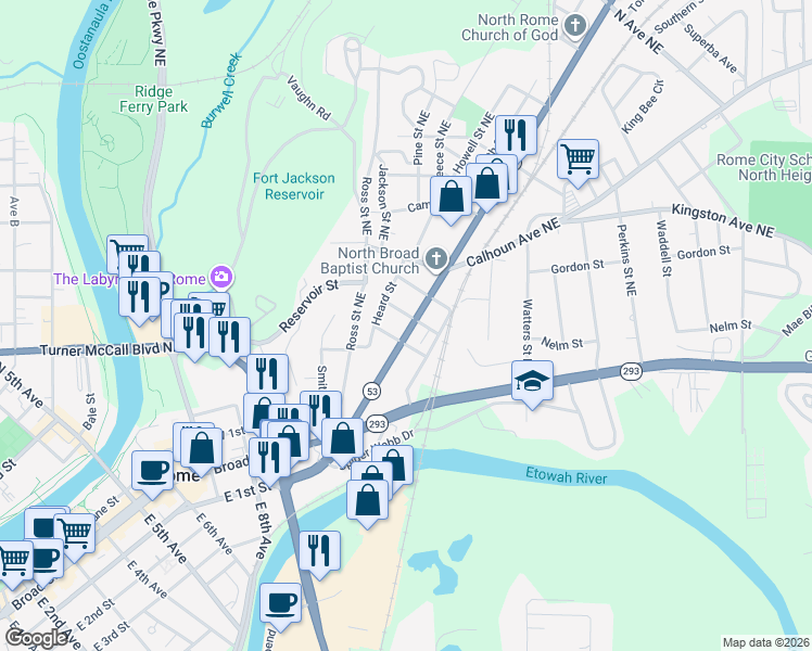 map of restaurants, bars, coffee shops, grocery stores, and more near 1147 North Broad Street in Rome