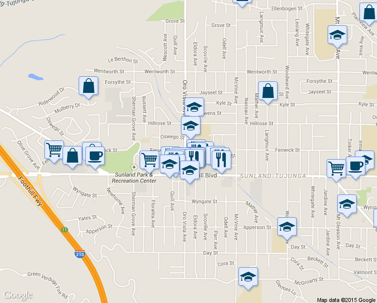 map of restaurants, bars, coffee shops, grocery stores, and more near 10558 Oro Vista Avenue in Sunland