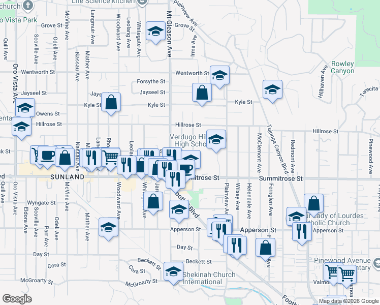 map of restaurants, bars, coffee shops, grocery stores, and more near 10563 Irma Avenue in Los Angeles