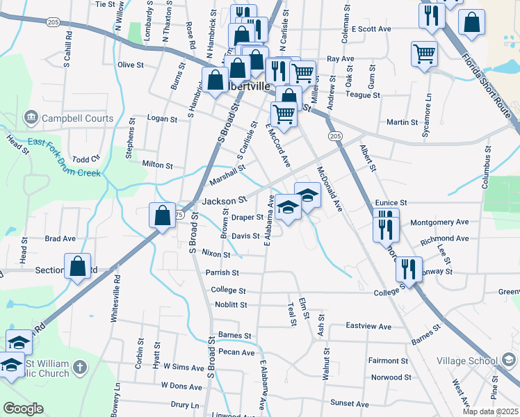 map of restaurants, bars, coffee shops, grocery stores, and more near 406 Dora Street in Albertville