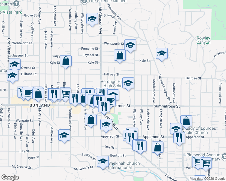 map of restaurants, bars, coffee shops, grocery stores, and more near 10600 Irma Avenue in Los Angeles