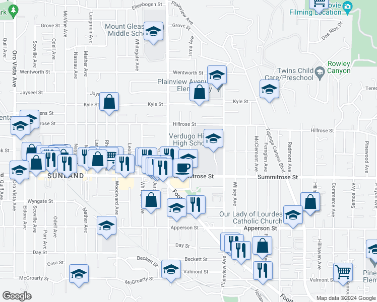map of restaurants, bars, coffee shops, grocery stores, and more near 10563 Irma Avenue in Los Angeles