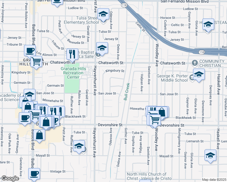 map of restaurants, bars, coffee shops, grocery stores, and more near 16451 San Jose Street in Los Angeles
