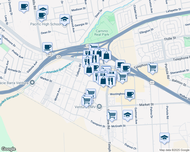 map of restaurants, bars, coffee shops, grocery stores, and more near 4200 East Main Street in Ventura
