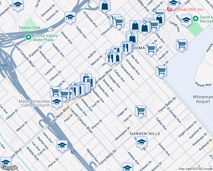 map of restaurants, bars, coffee shops, grocery stores, and more near 10541 Kewen Avenue in Los Angeles