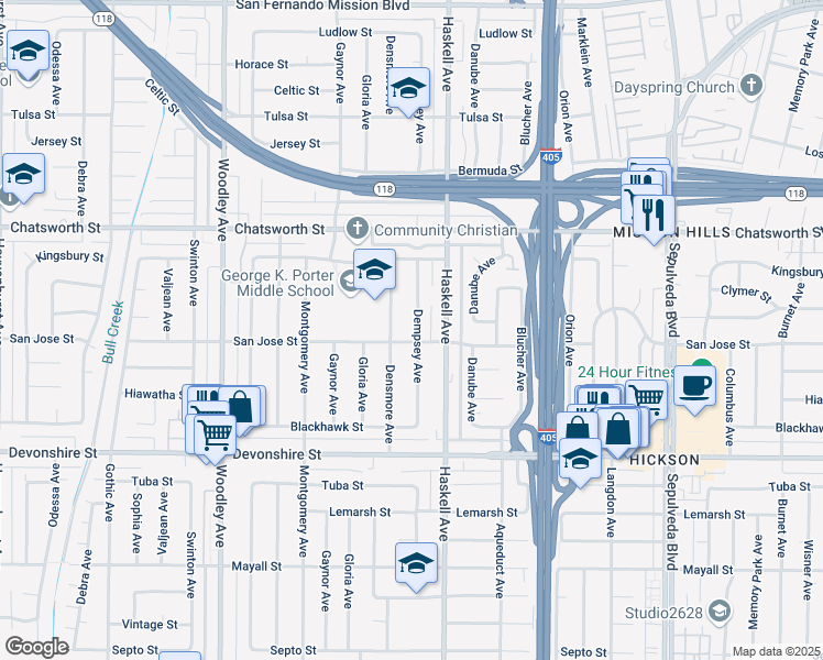 map of restaurants, bars, coffee shops, grocery stores, and more near 10509 Dempsey Avenue in Los Angeles