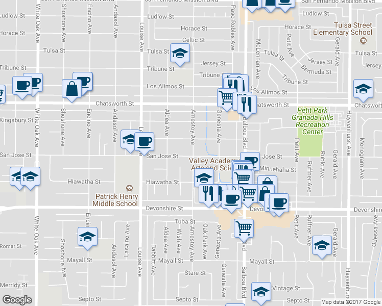 map of restaurants, bars, coffee shops, grocery stores, and more near 17135 San Jose Street in Los Angeles