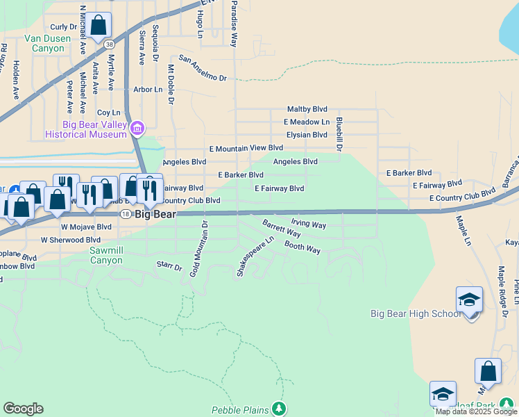 map of restaurants, bars, coffee shops, grocery stores, and more near 442 East Country Club Boulevard in Big Bear