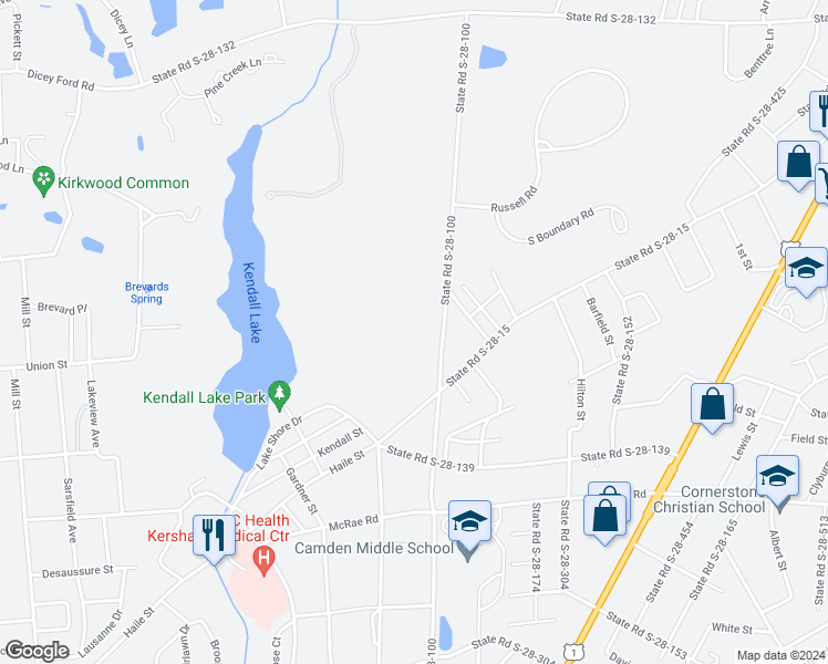 map of restaurants, bars, coffee shops, grocery stores, and more near 1821 State Road S-28-100 in Camden