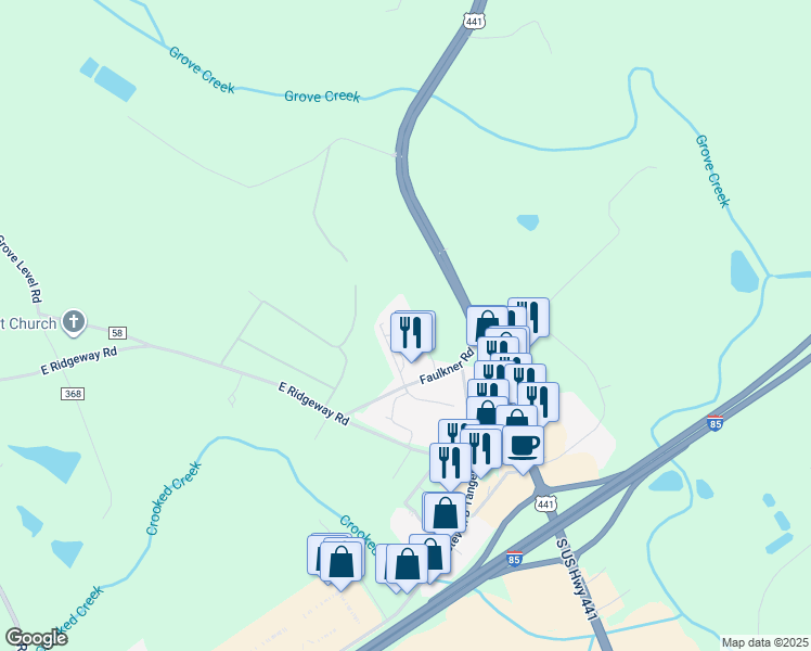 map of restaurants, bars, coffee shops, grocery stores, and more near 117 Faulkner Drive in Commerce