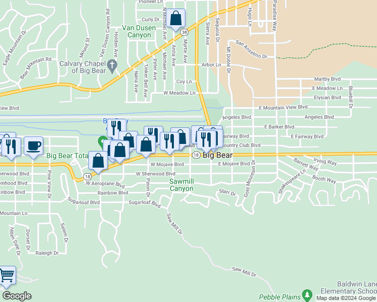 map of restaurants, bars, coffee shops, grocery stores, and more near 201 West Big Bear Boulevard in Big Bear