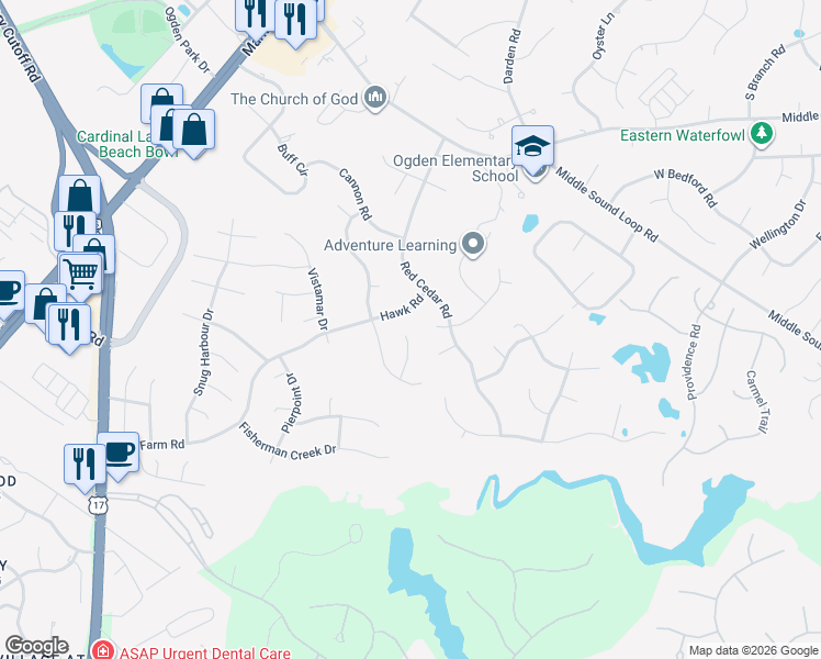 map of restaurants, bars, coffee shops, grocery stores, and more near 6422 Serena Court in Wilmington