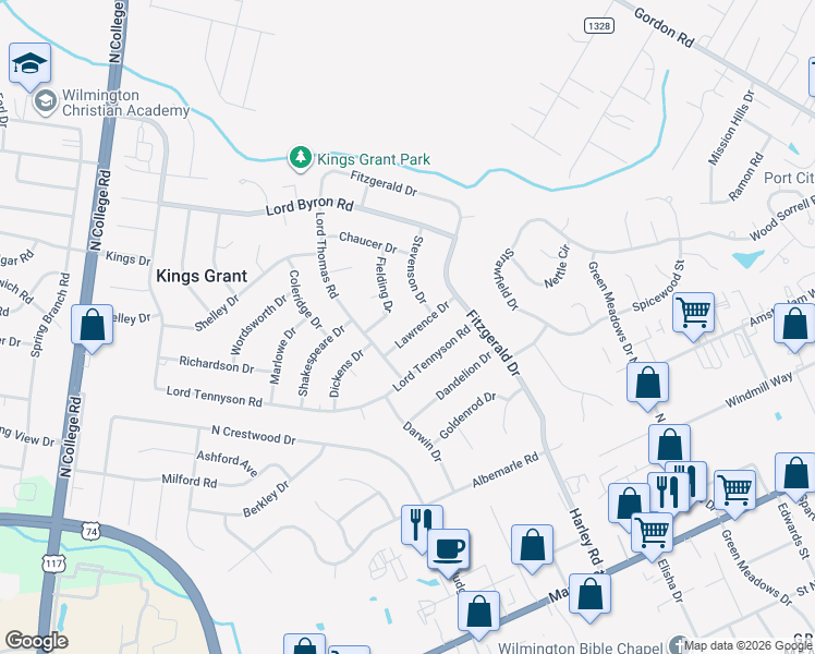 map of restaurants, bars, coffee shops, grocery stores, and more near 5313 Lawrence Drive in Wilmington