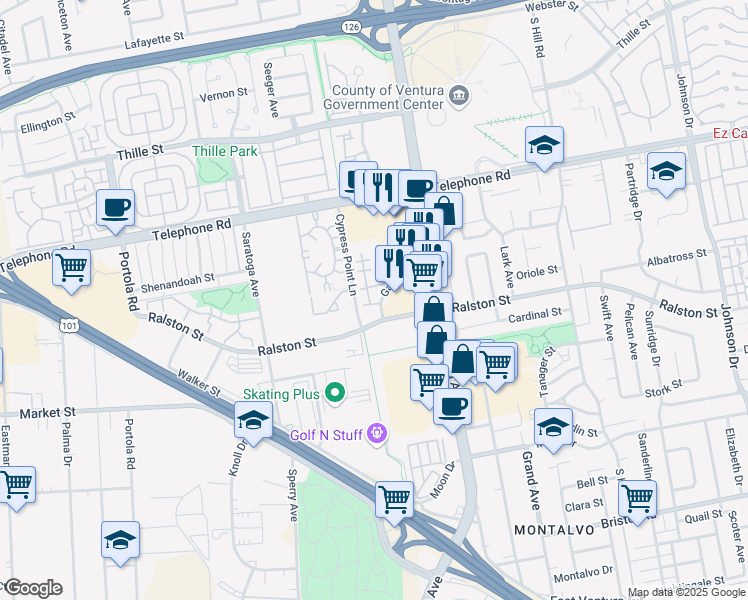 map of restaurants, bars, coffee shops, grocery stores, and more near 1466 San Simeon Court in Ventura