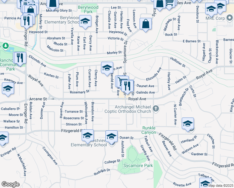 map of restaurants, bars, coffee shops, grocery stores, and more near 1205 Sawyer Avenue in Simi Valley