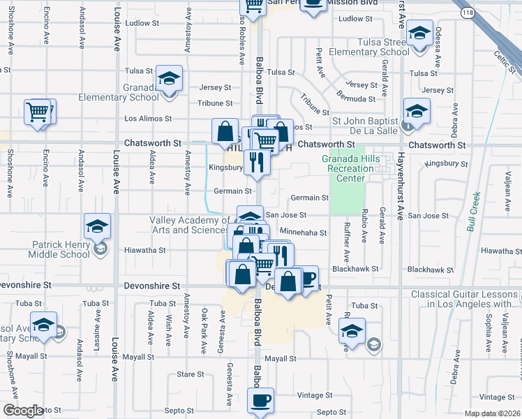 map of restaurants, bars, coffee shops, grocery stores, and more near 16963 San Jose Street in Los Angeles