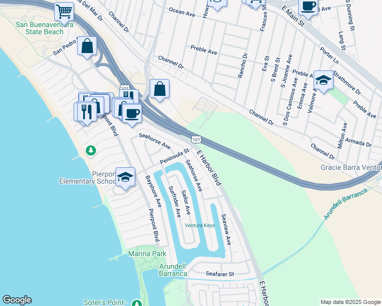 map of restaurants, bars, coffee shops, grocery stores, and more near 900 Peninsula Street in Ventura