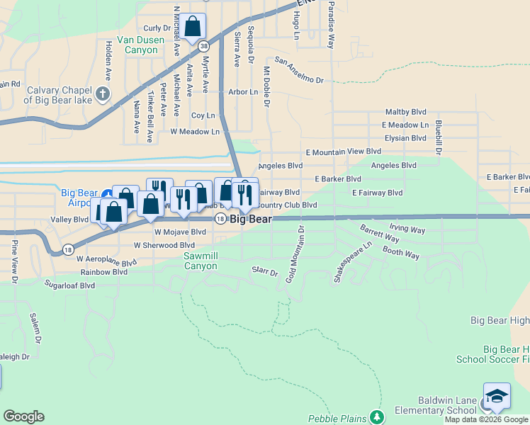 map of restaurants, bars, coffee shops, grocery stores, and more near 139 East Big Bear Boulevard in Big Bear