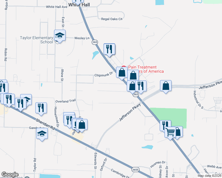 map of restaurants, bars, coffee shops, grocery stores, and more near 119 Timber Lane in White Hall