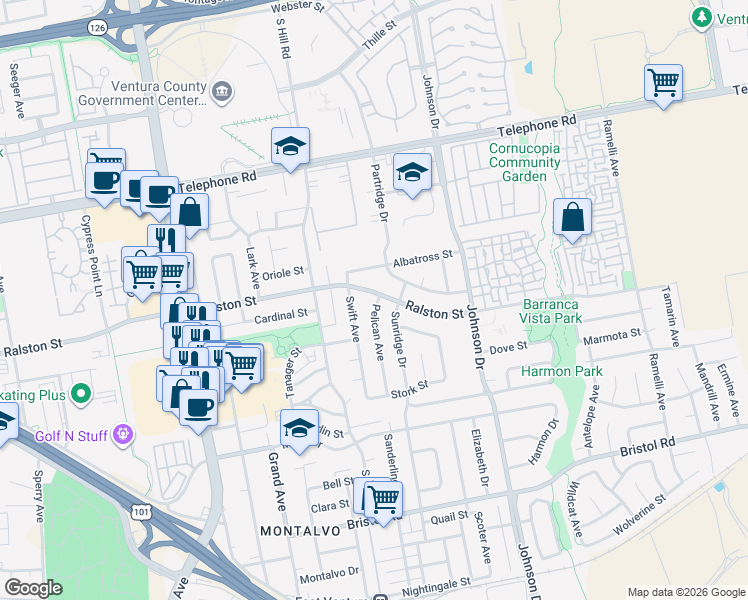 map of restaurants, bars, coffee shops, grocery stores, and more near 6454 Ralston Street in Ventura