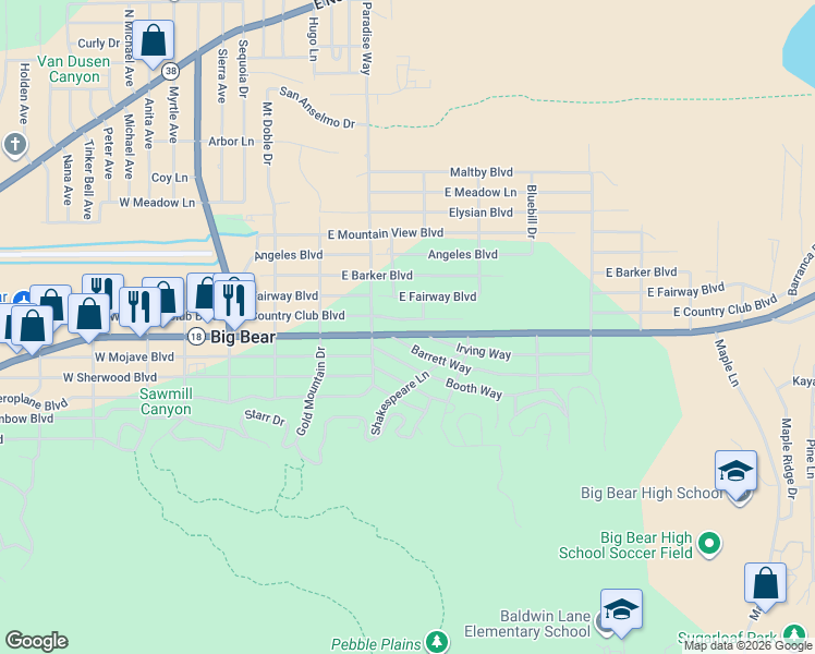 map of restaurants, bars, coffee shops, grocery stores, and more near 442 East Country Club Boulevard in Big Bear