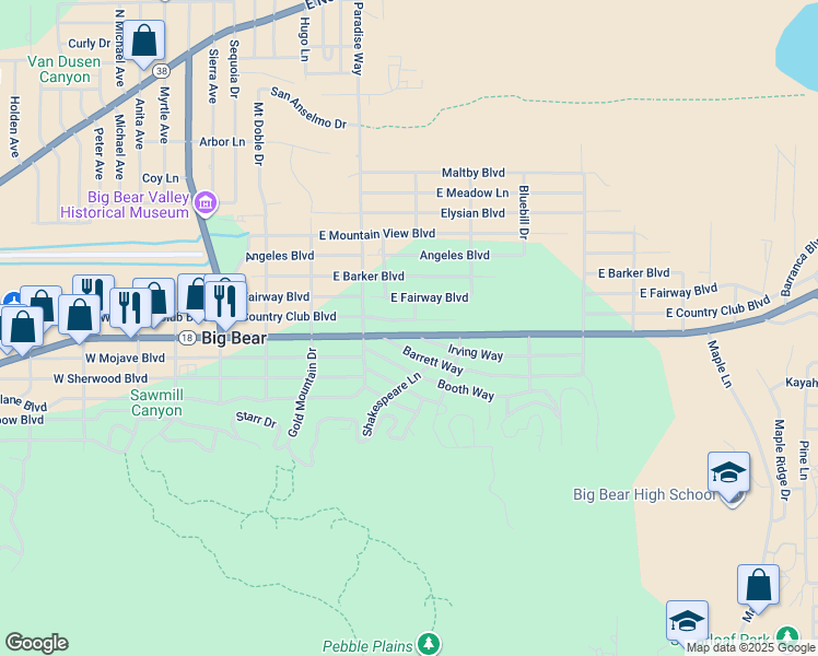 map of restaurants, bars, coffee shops, grocery stores, and more near 442 East Country Club Boulevard in Big Bear
