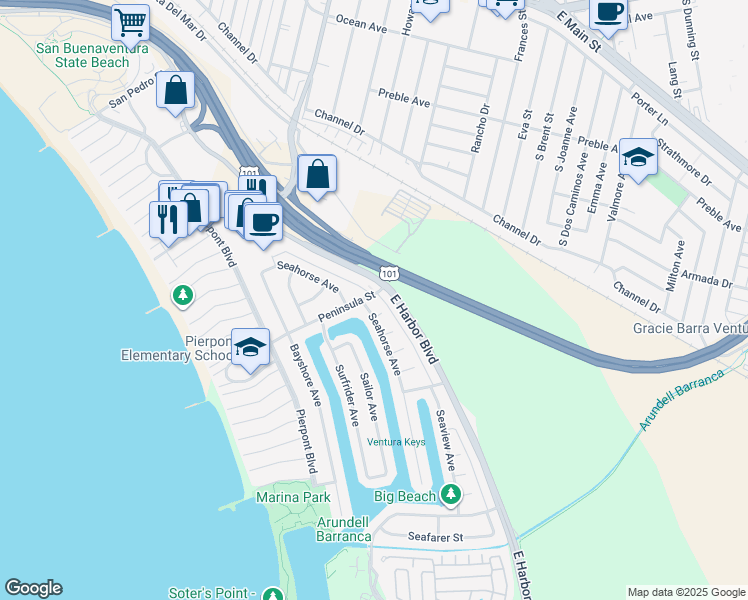 map of restaurants, bars, coffee shops, grocery stores, and more near 912 Peninsula Street in Ventura
