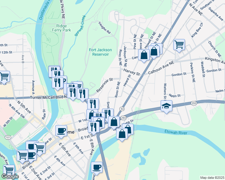 map of restaurants, bars, coffee shops, grocery stores, and more near 214 Smith Street Northeast in Rome