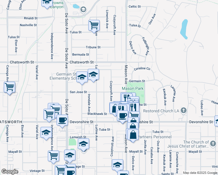 map of restaurants, bars, coffee shops, grocery stores, and more near 10515 Cozycroft Avenue in Los Angeles