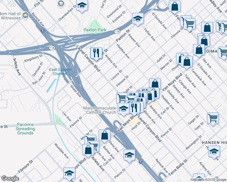 map of restaurants, bars, coffee shops, grocery stores, and more near 10535 Laurel Canyon Boulevard in Los Angeles