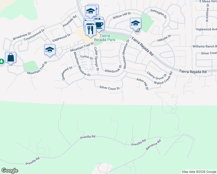 map of restaurants, bars, coffee shops, grocery stores, and more near 11955 Silver Crest Street in Moorpark