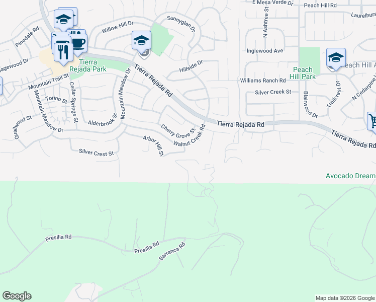map of restaurants, bars, coffee shops, grocery stores, and more near 12496 Arbor Hill Street in Moorpark
