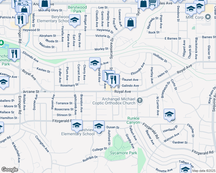map of restaurants, bars, coffee shops, grocery stores, and more near 1205 Sawyer Avenue in Simi Valley