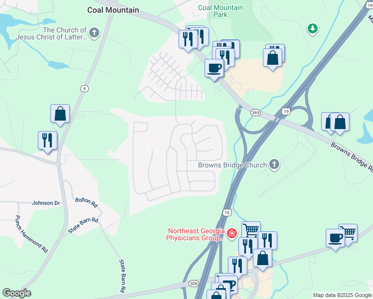 map of restaurants, bars, coffee shops, grocery stores, and more near 5060 Rialto Way in Cumming