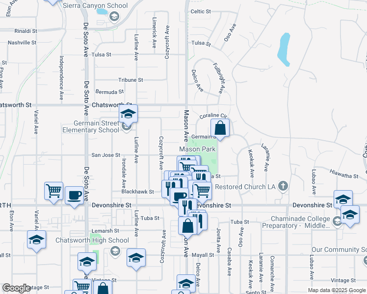 map of restaurants, bars, coffee shops, grocery stores, and more near 20516 Germain Street in Los Angeles