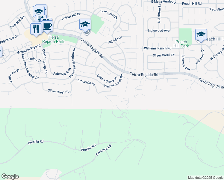 map of restaurants, bars, coffee shops, grocery stores, and more near 12489 Arbor Hill Street in Moorpark