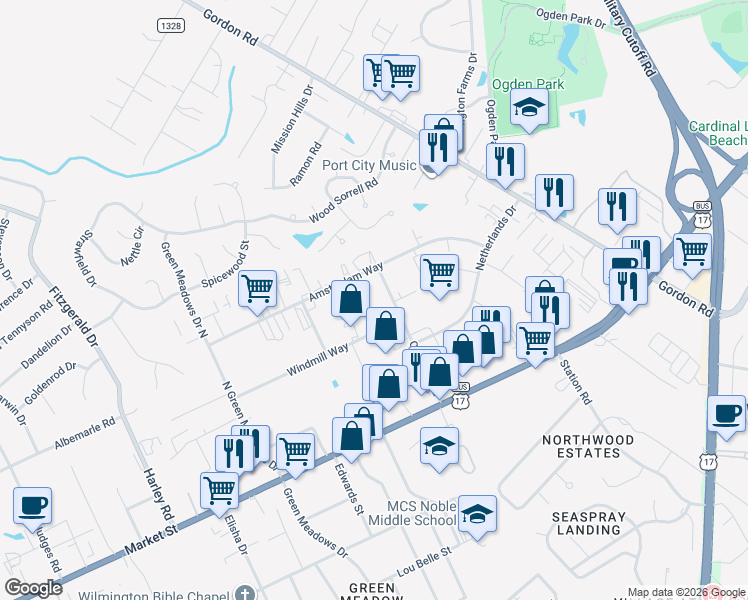 map of restaurants, bars, coffee shops, grocery stores, and more near 307 Old Dairy Road in Wilmington