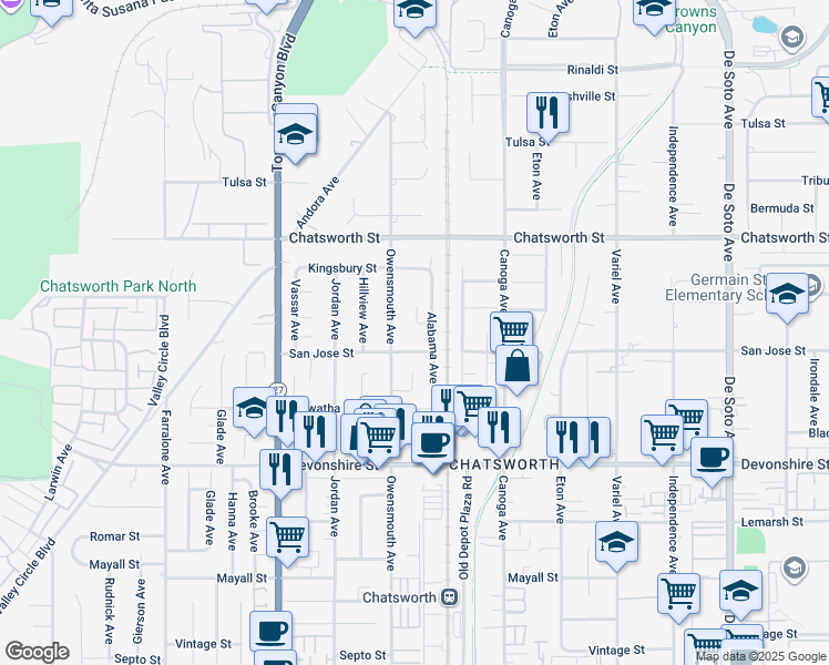 map of restaurants, bars, coffee shops, grocery stores, and more near 21614 Stanwell Street in Los Angeles