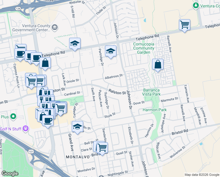 map of restaurants, bars, coffee shops, grocery stores, and more near 6577 Ralston Street in Ventura