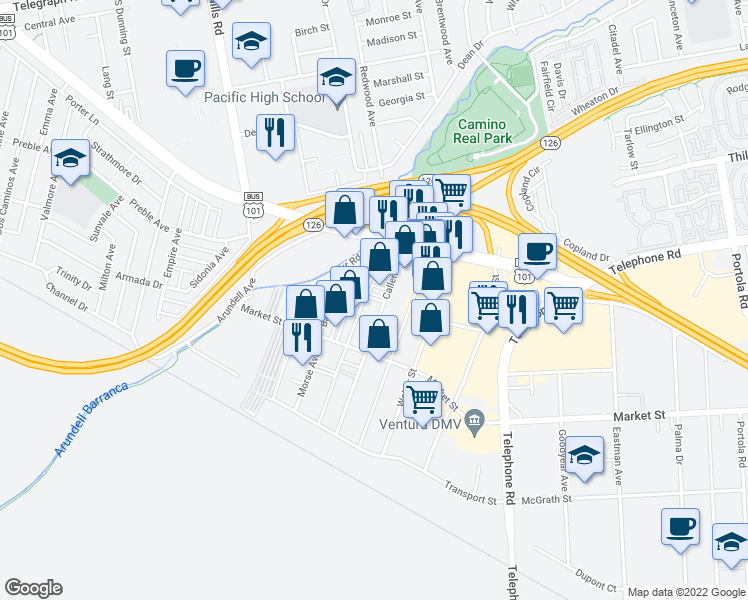 map of restaurants, bars, coffee shops, grocery stores, and more near 1301 Callens Rd in Ventura