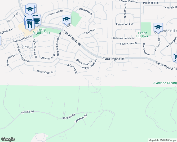 map of restaurants, bars, coffee shops, grocery stores, and more near 12496 Arbor Hill Street in Moorpark