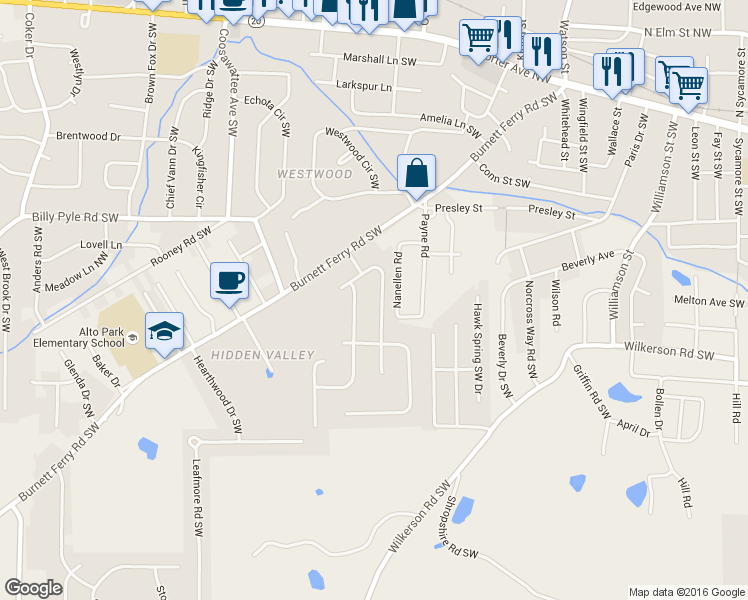 map of restaurants, bars, coffee shops, grocery stores, and more near 8 E Creekview Dr SW in Rome