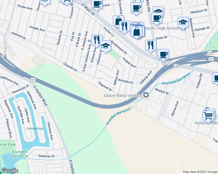map of restaurants, bars, coffee shops, grocery stores, and more near 3175 Channel Drive in Ventura