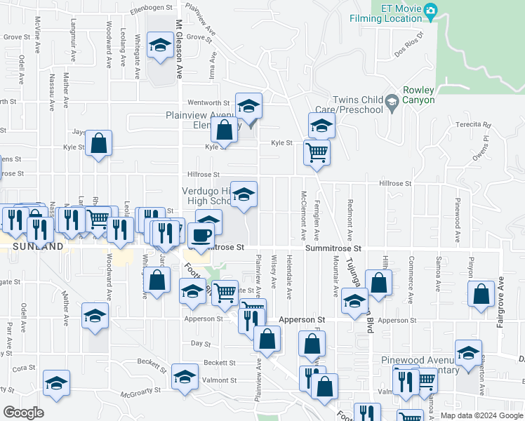 map of restaurants, bars, coffee shops, grocery stores, and more near 10602 Plainview Avenue in Los Angeles