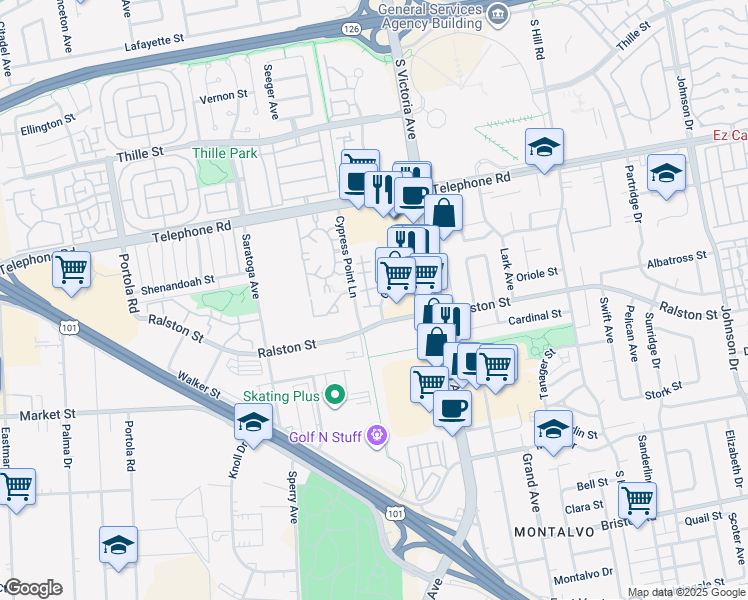 map of restaurants, bars, coffee shops, grocery stores, and more near 1466 San Simeon Court in Ventura