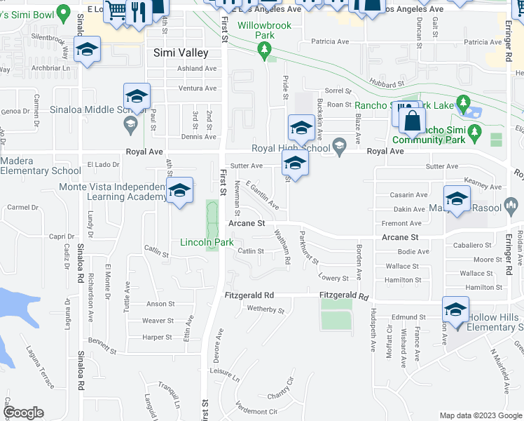 map of restaurants, bars, coffee shops, grocery stores, and more near 1177 Locke Avenue in Simi Valley