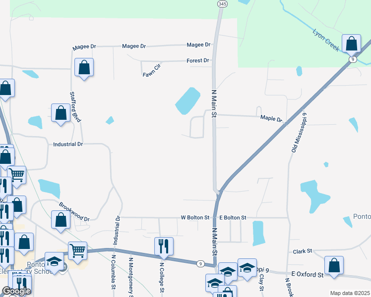 map of restaurants, bars, coffee shops, grocery stores, and more near 301 Windbrook Cove in Pontotoc